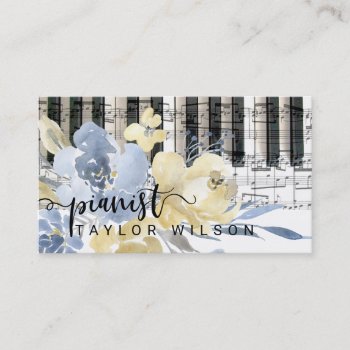 Yellow Blue Watercolor Floral Pianist Script Business Card by musickitten at Zazzle