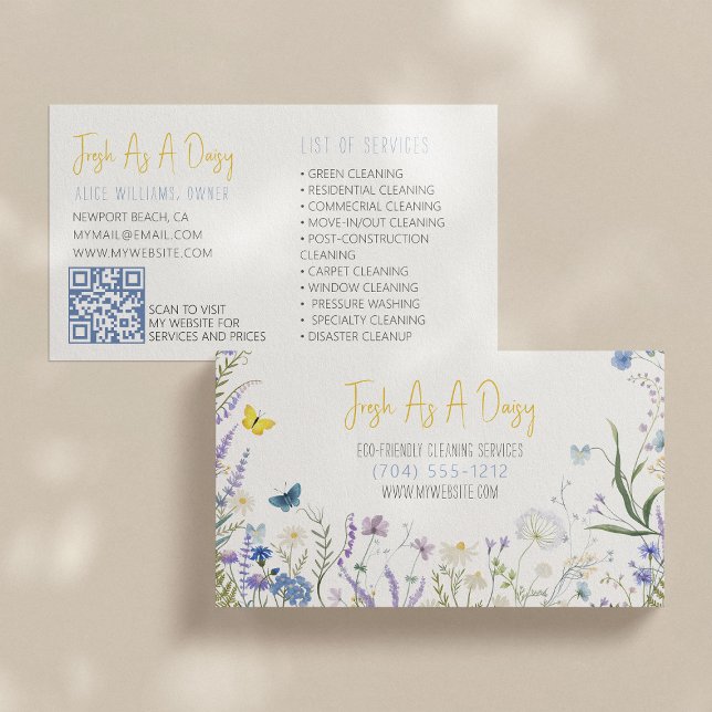 Yellow & Blue Watercolor Floral Script Cleaning Business Card (Creator Uploaded)