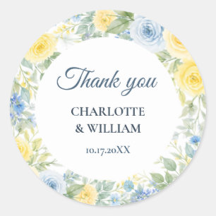 Yellow Blue Watercolor Floral Thank You Sticker