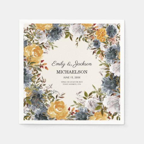 Yellow Blue Watercolor Floral Wedding Bride Groom Napkins