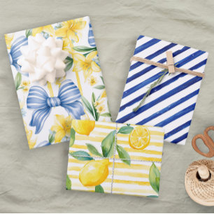 Yellow Blue Watercolor Lemons Bows Stripes Wrapping Paper Sheets