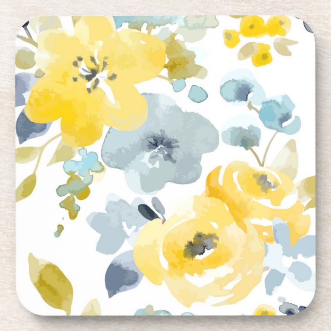 Yellow & Blue Watercolor Pattern Beverage Coaster (Front)