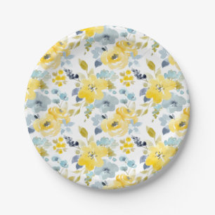 Yellow & Blue Watercolor Pattern Paper Plates