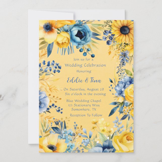Yellow Blue Watercolor Peony Wedding  Invitation (Front)