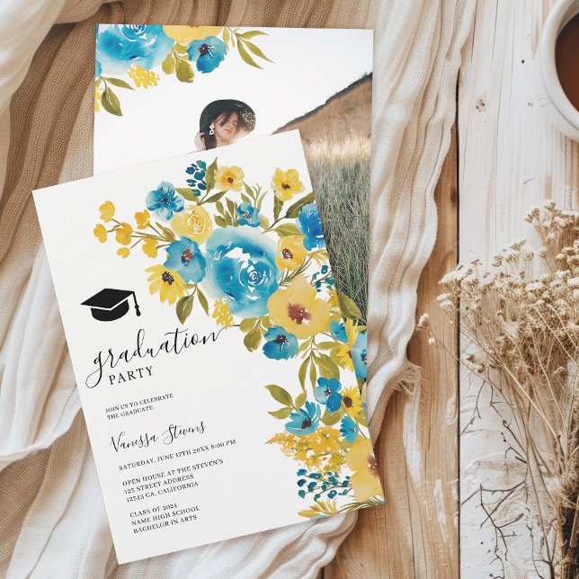 Yellow Blue Watercolor Wildflower Graduation Photo Invitation (Yellow Blue Watercolor Wildflower Graduation Photo Invitation)
