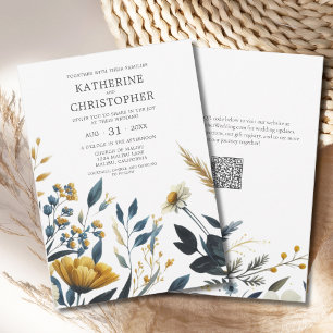 Yellow Blue Watercolor Wildflowers Elegant Wedding Invitation