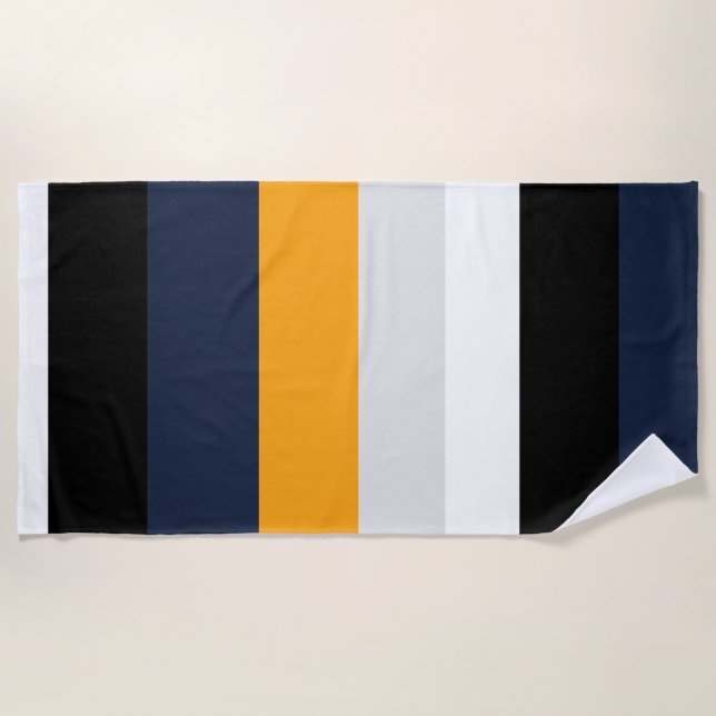 Yellow, blue, white, and black stripes beach towel (Front)