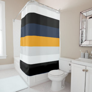 Yellow, blue, white, and black stripes shower curtain