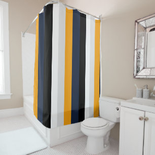 Yellow, blue, white, and black stripes shower curtain