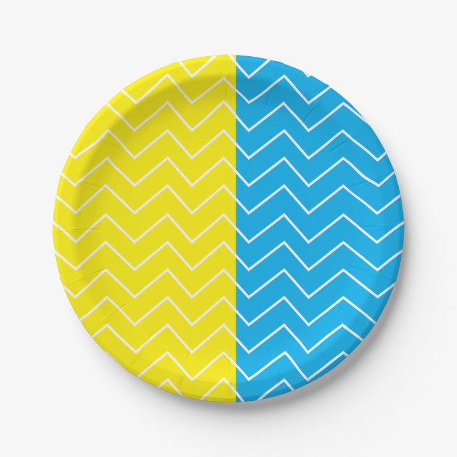 Yellow Blue White Chevron Stripe Party Paper Plates (Front)