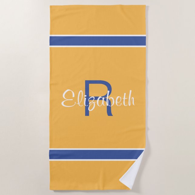 Yellow Blue White Custom Monogrammed Name Initial Beach Towel (Front)