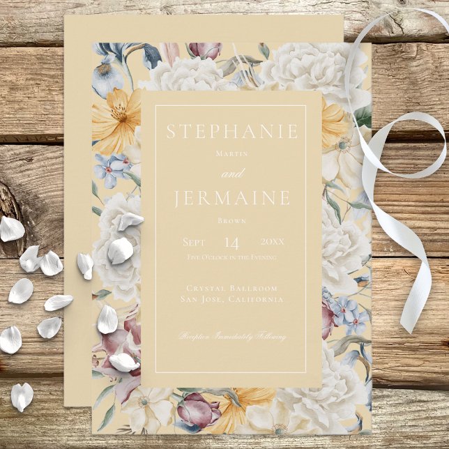 Yellow Blue & White Floral on Yellow Wedding Invitation (Creator Uploaded)