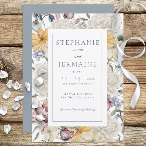 Yellow Blue  White Floral White Frame Wedding Invitation