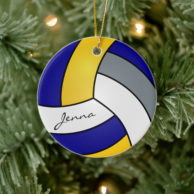 Yellow, Blue, White & Gray Personalize Volleyball Ceramic Ornament (Tree)