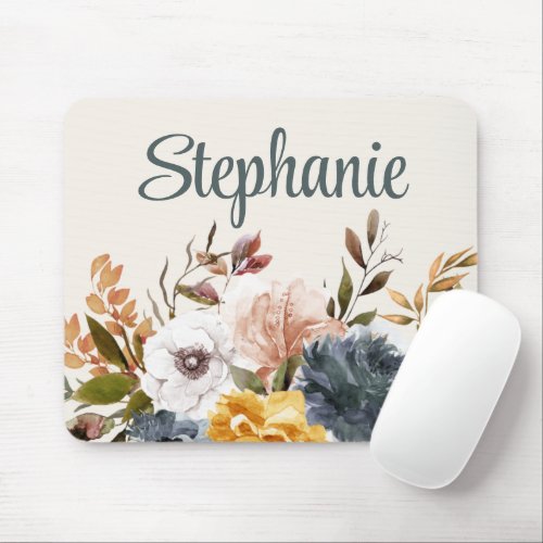Yellow Blue White Watercolor Floral Greenery Name  Mouse Pad