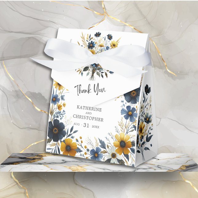 Yellow Blue Wildflower Elegant Wedding Thank You Favor Boxes (Blue Yellow Elegant Wildflower Thank You Favor Box with White Bow for wedding gifts or treats.)