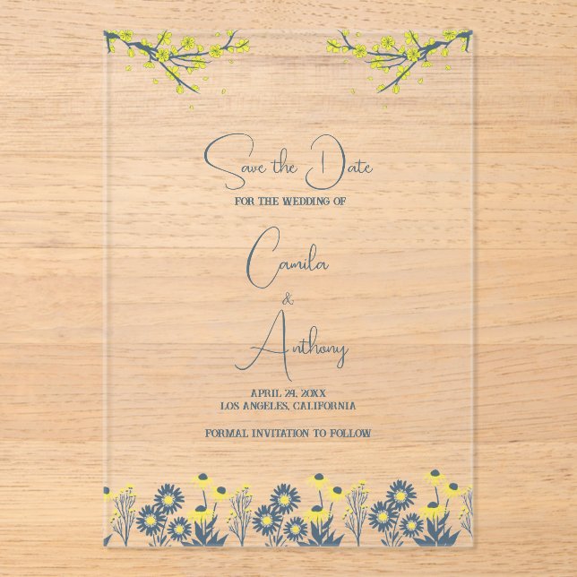 Yellow Blue Wildflower Floral Boho Wedding Acrylic Invitations (Front)