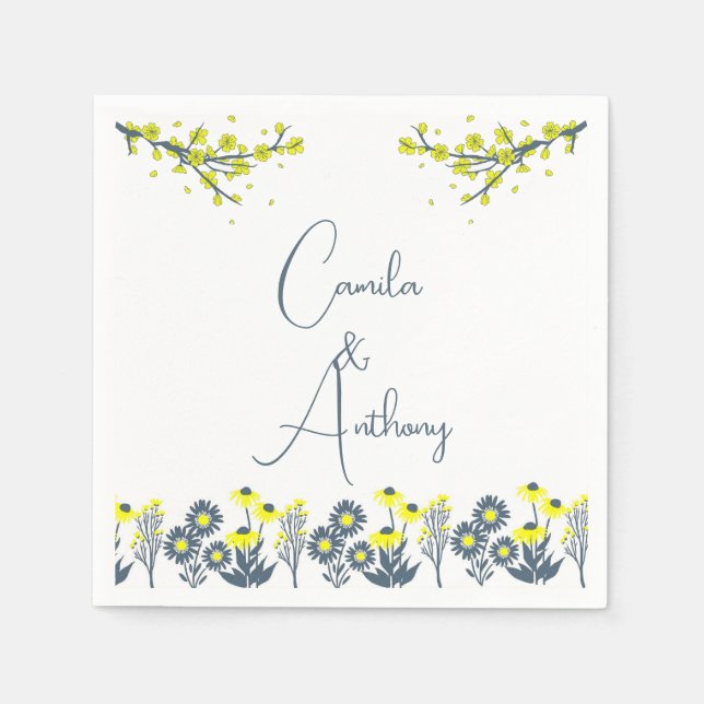 Yellow Blue Wildflower Floral Boho Wedding Napkins (Front)