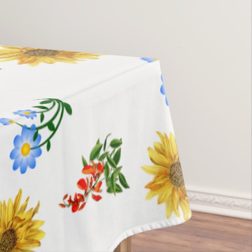 Yellow Blue Wildflower Floral on White  Tablecloth