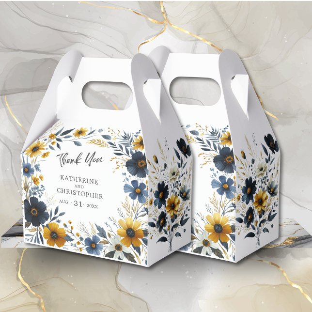 Yellow Blue Wildflowers Elegant Large Wedding Favor Boxes (Watercolor Floral Large Wedding Favor Box with Blue and Yellow Wildflowers, Wedding Info, QR Code.)