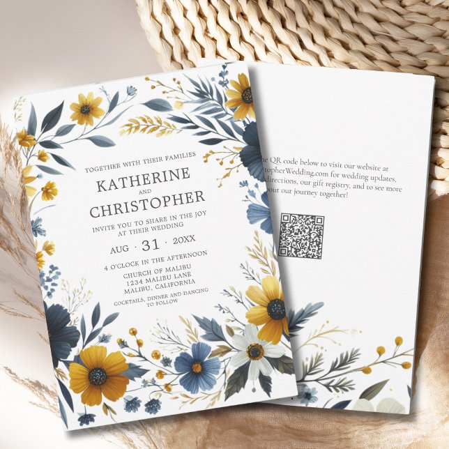 Yellow Blue Wildflowers Elegant Watercolor Wedding Invitation (Blue Yellow Watercolor Wildflowers Elegant Wedding Invitation with QR Code for Wedding Website.)