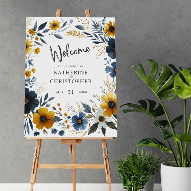 Yellow Blue Wildflowers Elegant Wedding Welcome Foam Board (Blue Yellow Wildflowers Elegant Wedding Welcome Sign to place at the entrance to your wedding event.)