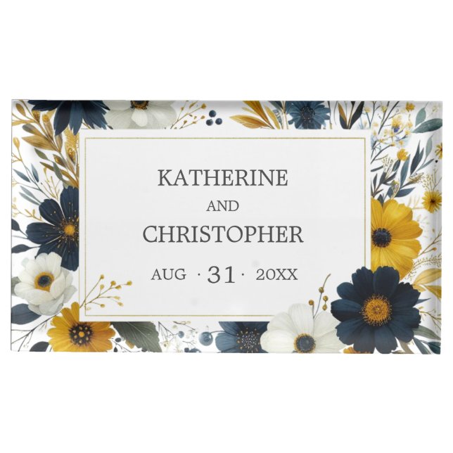 Yellow Blue Wildflowers Floral Elegant Wedding Place Card Holder (Front)