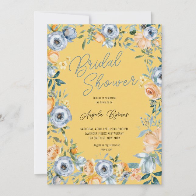 Yellow Blue Wildflowers Watercolor Bridal Shower  Invitation (Front)