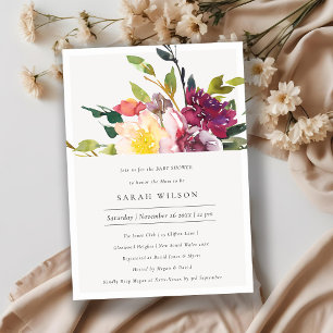 Yellow Blush Burgundy Floral Baby Shower Invite
