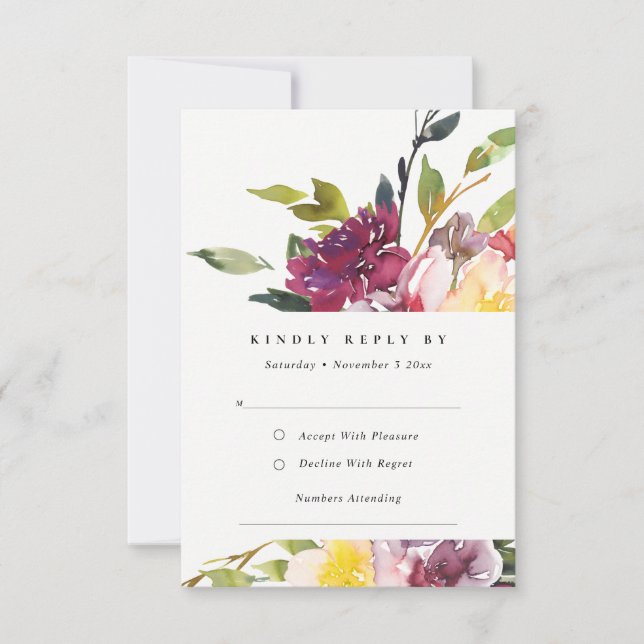 YELLOW BLUSH BURGUNDY FLORAL BUNCH WEDDING RSVP CARD (Front)