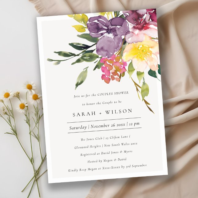 Yellow Blush Burgundy Floral Couples Shower Invite (Creator Uploaded)