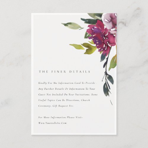 Yellow Blush Burgundy Floral Wedding Details Enclosure Card