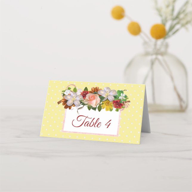 Yellow Blush Pink Rose Rose Bouquet Table Card (Front)