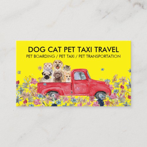 Yellow Boarding Truck Flowers Dogs Cats Pet Business Card