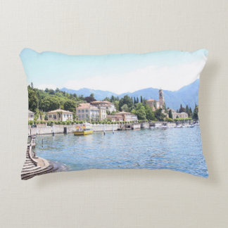 YELLOW BOAT DOCKED NEAR BUILDING ACCENT PILLOW