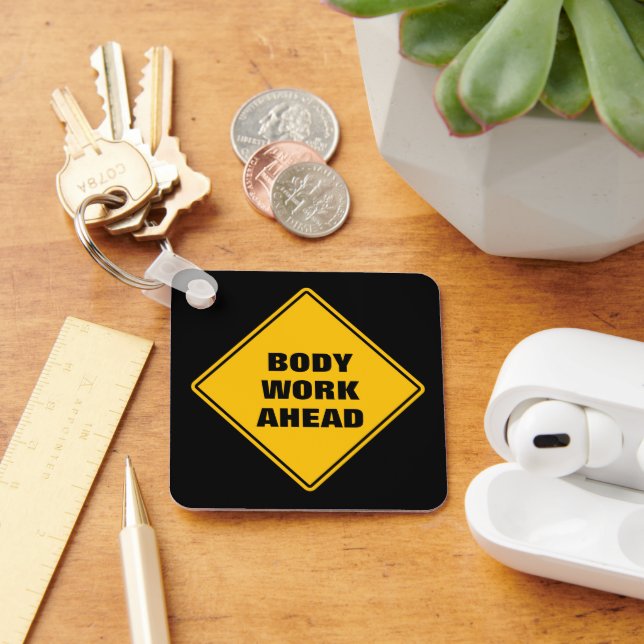 Yellow body work ahead caution sign personalized keychain (Desk)