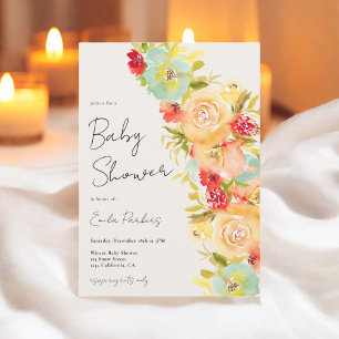 Yellow boho Chic Blue Floral Winter baby shower Invitation