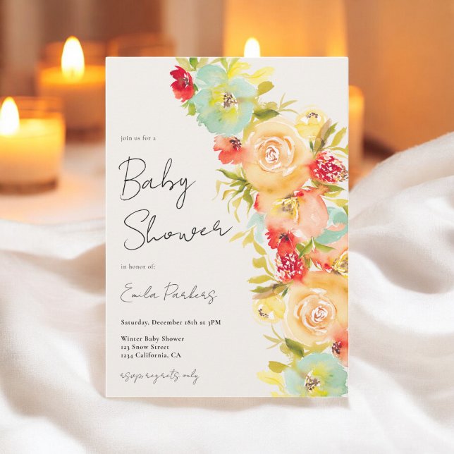 Yellow boho Chic Blue Floral Winter baby shower Invitation (Yellow boho Chic Blue Floral Winter baby shower Invitation)