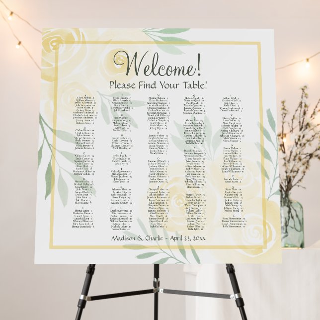 Yellow Boho Chic Roses Alphabetical Seating Chart Foam Board (In Situ (Stand))
