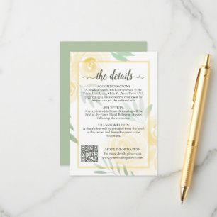 Yellow Boho Chic Roses Wedding Details QR Code Enclosure Card