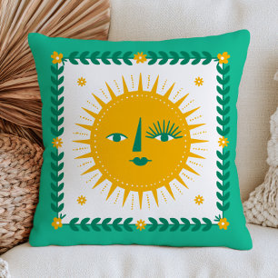 Yellow BOHO Chic Sun Face Bohemian Green Celestial Throw Pillow