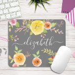 Yellow boho floral watercolor gray monogram script mouse pad<br><div class="desc">Yellow, pink, red and orange watercolor flowers and white script typography overlay a soft gray background on this beautiful, rustic, romantic, vintage floral custom name mousepad. Add your name to personalize. Makes a chic and stylish statement every time you use it. A great gift for a friend, as well as...</div>