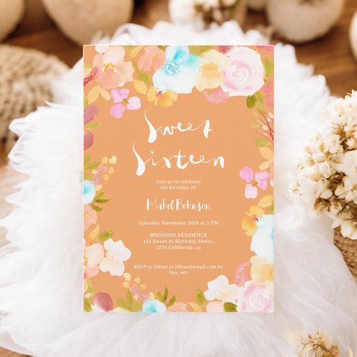 Yellow boho floral watercolor script Sweet 16  Invitation