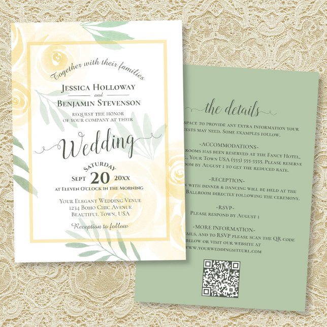 Yellow Boho Roses Calligraphy & QR Code Wedding Invitation (Front/Back)