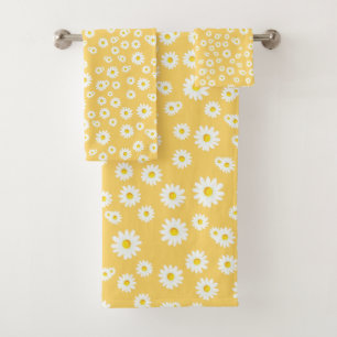 Yellow Boho Spring Daisies Pattern Bath Towel Set