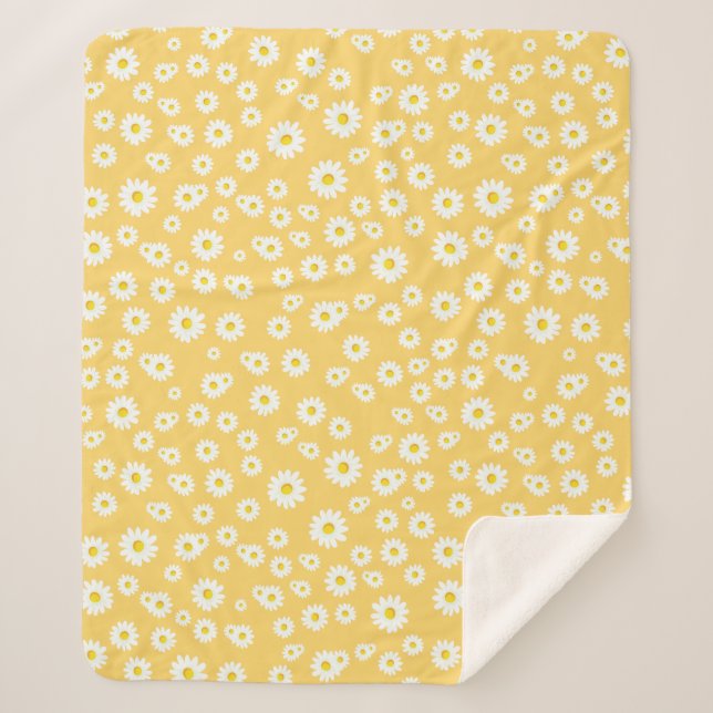Yellow Boho Spring Daisies Pattern Sherpa Blanket (Front)