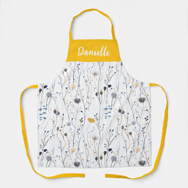 Yellow Boho Watercolor Wildflower Custom Name Apron (Front)