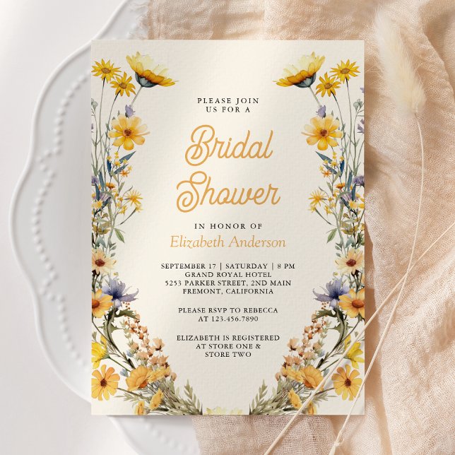 Yellow Boho Wildflower Floral Photo Bridal Shower Invitation (Creator Uploaded)