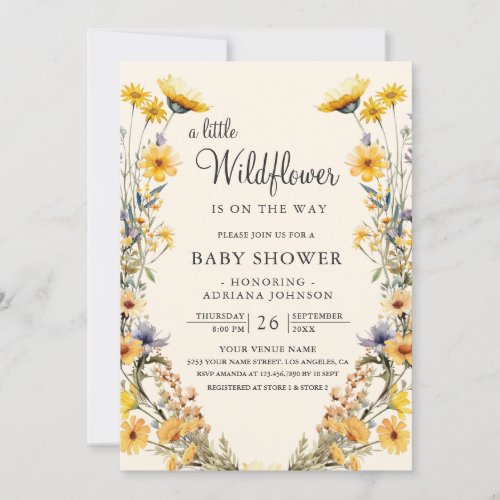 Yellow Boho Wildflower Floral QR Code Baby Shower Invitation