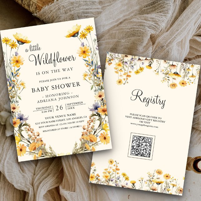 Yellow Boho Wildflower Floral QR Code Baby Shower Invitation (Creator Uploaded)